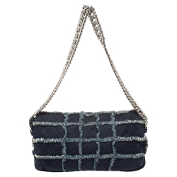 Pre Owned Chanel Blue Quilted Denim Flap Triple Chain Shoulder Bag