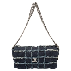 Pre Owned Chanel Blue Quilted Denim Flap Triple Chain Shoulder Bag