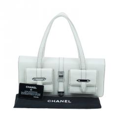 Pre Owned Chanel Off White Leather Double Pocket Satchel Bag