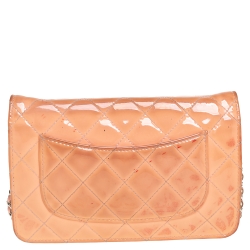 Pre Owned Chanel Pink Quilted Patent Leather Classic Wallet on Chain