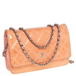 Pre Owned Chanel Pink Quilted Patent Leather Classic Wallet on Chain
