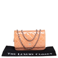 Pre Owned Chanel Pink Quilted Patent Leather Classic Wallet on Chain