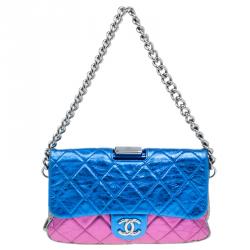 Pre Owned Chanel Metallic Tri Color Quilted Crackled Leather Pouch Flap Bag