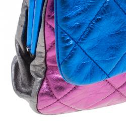 Pre Owned Chanel Metallic Tri Color Quilted Crackled Leather Pouch Flap Bag