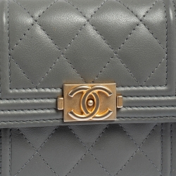 Pre Owned Chanel Grey Quilted Leather Boy Card Holder