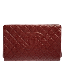 Pre Owned Chanel Dark Red Quilted Caviar Leather CC Jumbo Clutch