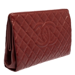 Pre Owned Chanel Dark Red Quilted Caviar Leather CC Jumbo Clutch
