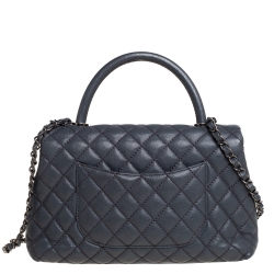 Pre Owned Chanel Grey Quilted Caviar Leather Medium Coco Top Handle Bag