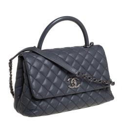 Pre Owned Chanel Grey Quilted Caviar Leather Medium Coco Top Handle Bag