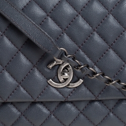 Pre Owned Chanel Grey Quilted Caviar Leather Medium Coco Top Handle Bag