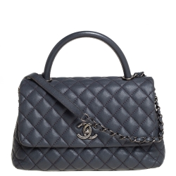Pre Owned Chanel Grey Quilted Caviar Leather Medium Coco Top Handle Bag