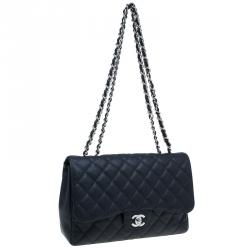 Pre Owned حقيبة يد شانيل جامبو كلاسيك سنجيل بغطاء جلد كافيارمبطن سوداء