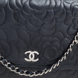 Pre Owned Chanel Black Camellia Leather Wallet On Chain