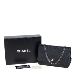 Pre Owned Chanel Black Camellia Leather Wallet On Chain