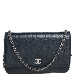 Pre Owned Chanel Black Camellia Leather Wallet On Chain
