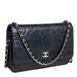 Pre Owned Chanel Black Camellia Leather Wallet On Chain
