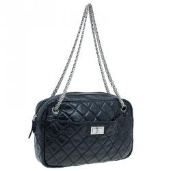 Pre Owned Chanel Black Quilted Crackled Leather Medium Reissue Camera Bag