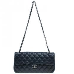 Pre Owned Chanel Black Quilted Lambskin East West Flap Bag