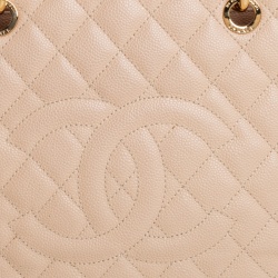 Pre Owned Chanel Cream Quilted Caviar Leather Grand Shopper Tote