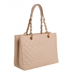 Pre Owned Chanel Cream Quilted Caviar Leather Grand Shopper Tote