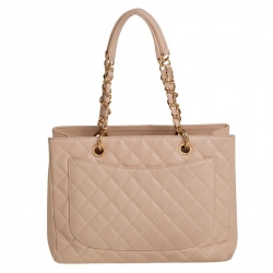 Pre Owned Chanel Cream Quilted Caviar Leather Grand Shopper Tote