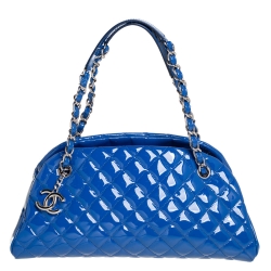 Pre Owned Chanel Blue Quilted Patent Medium Just Mademoiselle Bowling Bag