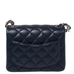 Pre Owned Chanel Navy Blue Quilted Lambskin Leather Mini Square Flap Bag
