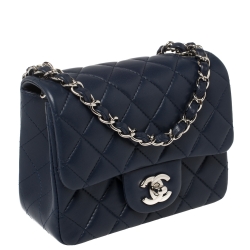 Pre Owned Chanel Navy Blue Quilted Lambskin Leather Mini Square Flap Bag