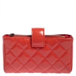 Chanel Coral Red Quilted Patent Leather CC Phone Holder Pouch