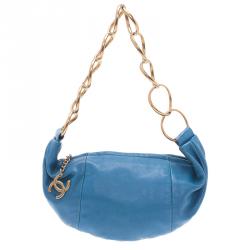 Pre Owned Chanel Blue Lambskin Small Chain Hobo Bag