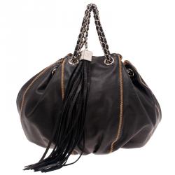 Pre Owned Chanel Black/Rose Leather Reversible Drawstring Tassel Bag