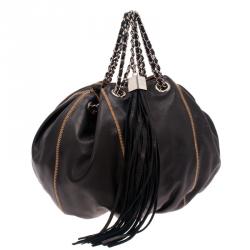 Pre Owned Chanel Black/Rose Leather Reversible Drawstring Tassel Bag