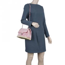 Pre Owned Chanel Pink Quilted Tweed Espadrille Chain Flap Bag
