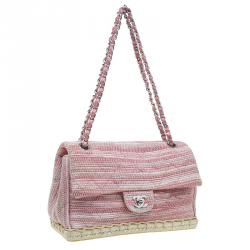 Pre Owned Chanel Pink Quilted Tweed Espadrille Chain Flap Bag