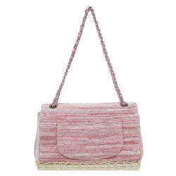 Pre Owned Chanel Pink Quilted Tweed Espadrille Chain Flap Bag