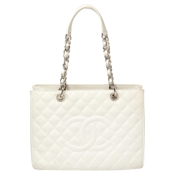 Pre Owned Chanel White Quilted Caviar Leather Grand Shopper Tote