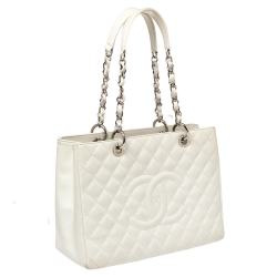 Pre Owned Chanel White Quilted Caviar Leather Grand Shopper Tote