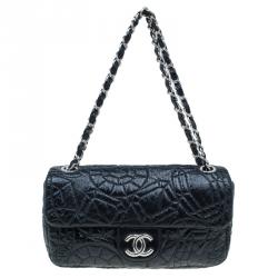 Pre Owned Chanel Black Patent Leather Embossed Medium Flap Bag