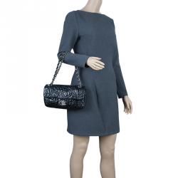 Pre Owned Chanel Black Patent Leather Embossed Medium Flap Bag