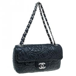 Pre Owned Chanel Black Patent Leather Embossed Medium Flap Bag