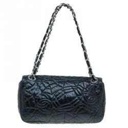 Pre Owned Chanel Black Patent Leather Embossed Medium Flap Bag
