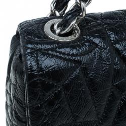 Pre Owned Chanel Black Patent Leather Embossed Medium Flap Bag