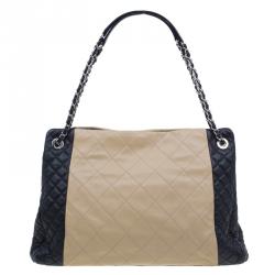 Chanel Beige/black Lambskin Leather Shopping Tote Bag