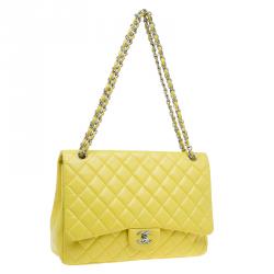 Pre Owned Chanel Yellow Quilted Lambskin Leather Classic Maxi Single Flap Bag