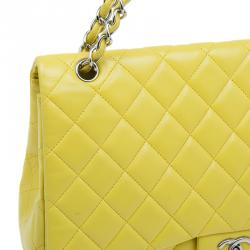 Pre Owned Chanel Yellow Quilted Lambskin Leather Classic Maxi Single Flap Bag