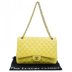 Pre Owned Chanel Yellow Quilted Lambskin Leather Classic Maxi Single Flap Bag