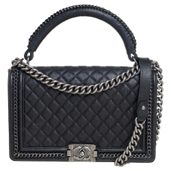Pre Owned Chanel Black Quilted Leather New Medium Boy Flap Top Handle Bag