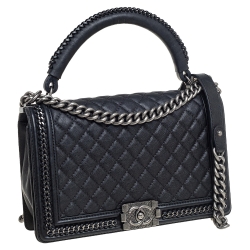 Pre Owned Chanel Black Quilted Leather New Medium Boy Flap Top Handle Bag
