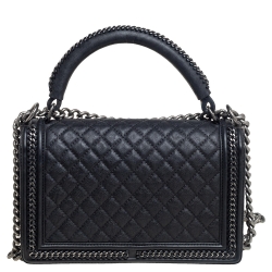 Pre Owned Chanel Black Quilted Leather New Medium Boy Flap Top Handle Bag