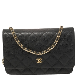 Pre Owned محفظة بسلسلة شانيل جلد كافيار مبطن سوداء